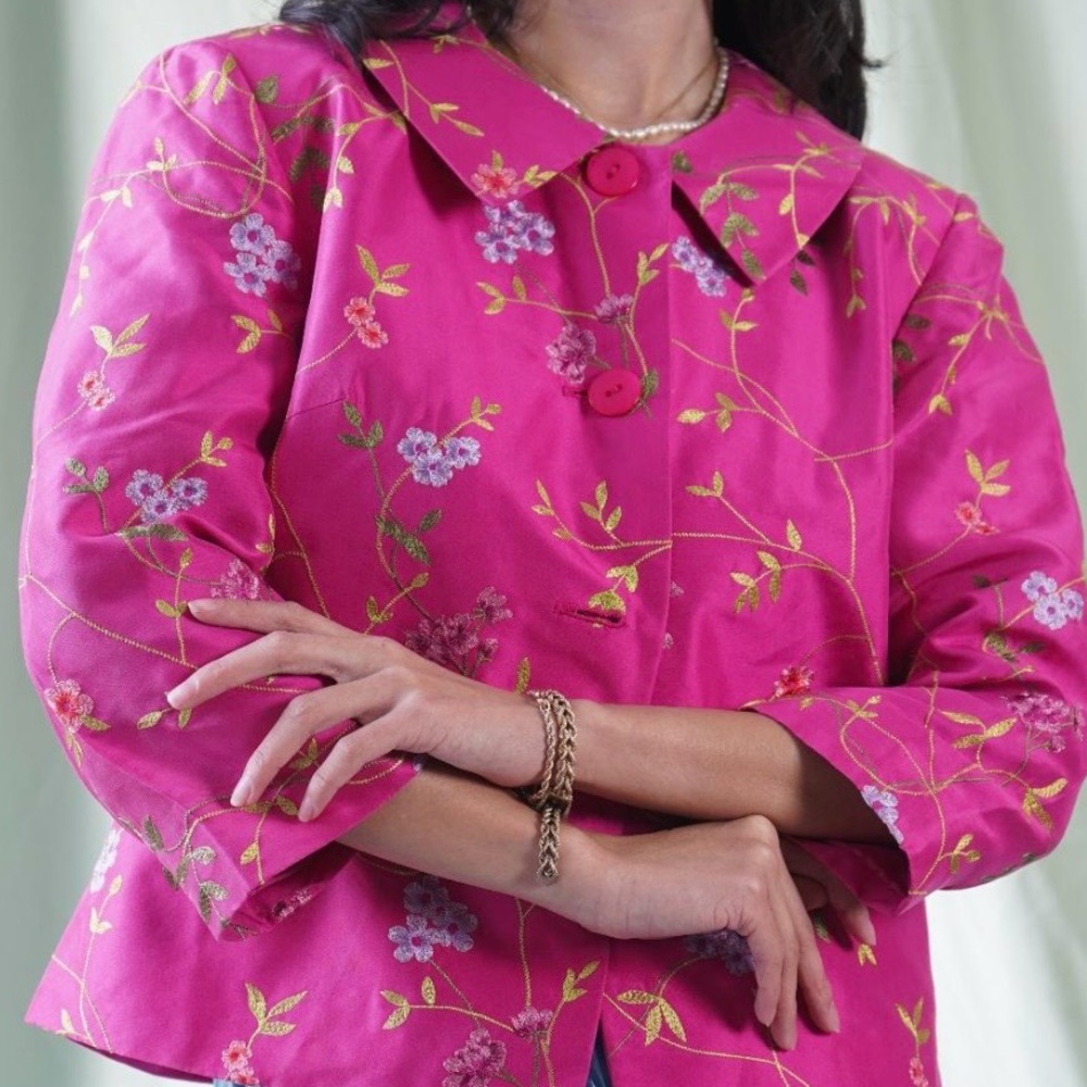 Talbots Pure Silk Pink Floral Embroidered Button Front Jacket